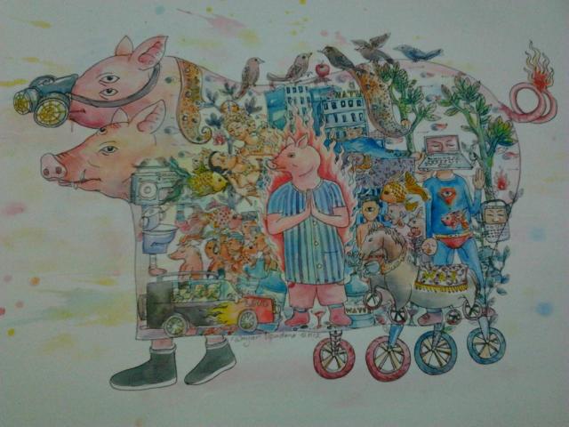 apapun yang terjadi, hidup harus dijalani#1, water colour and ink on paper, 37 cm x 55 cm, 2012