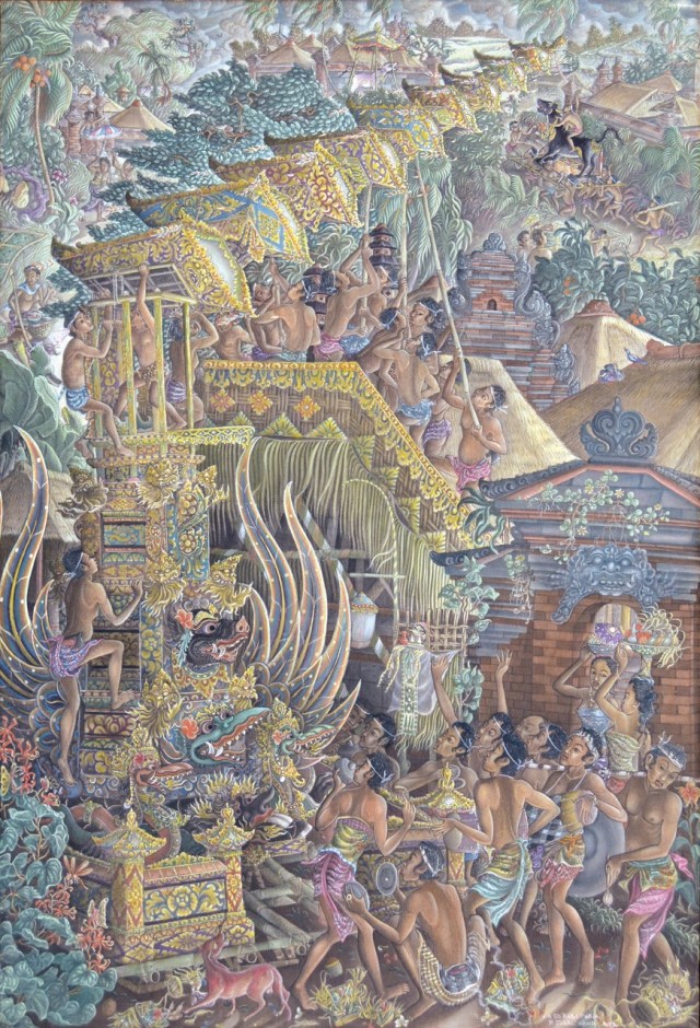 Lot # 782 "Mendirikan Menara Bade" 1983 Anak Agung Gede Raka Pudja (1932 - 2016, Padang Tegal, Ubud), Acrylic on Canvas, 114 - 79 cm. Image Courtesy of Larasati Auctioneers